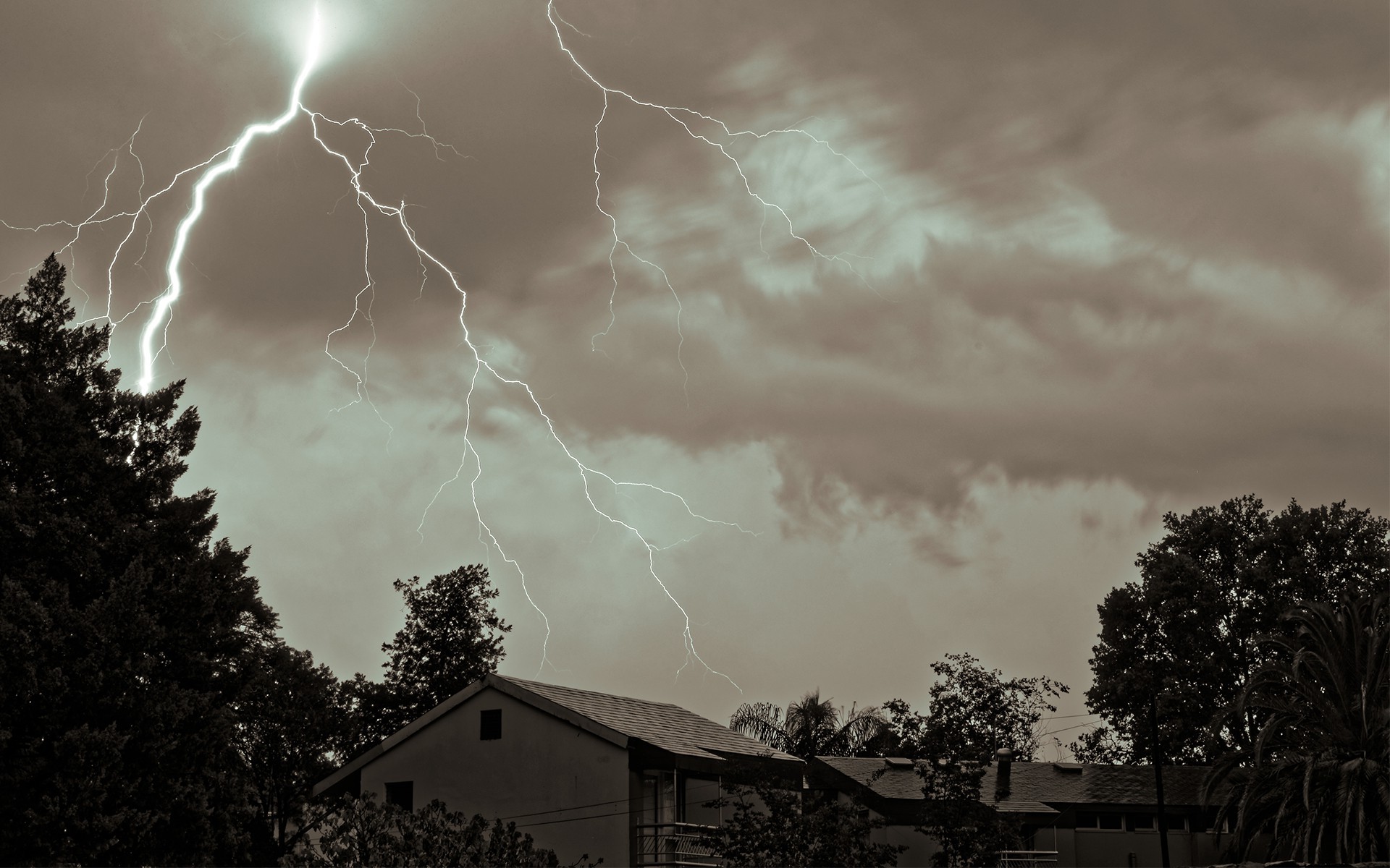 nature, Lightning, Storm, Clouds, Trees, House, Sky Wallpaper