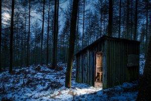 landscape, Nature, Forest, Snow, Hut, Moon, Moonlight, Winter, Trees, Cold