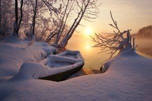 landscape, Nature, Winter, Sunset, Snow, Lake, Boat, Frost, Trees, Mist, Cold, Sunlight