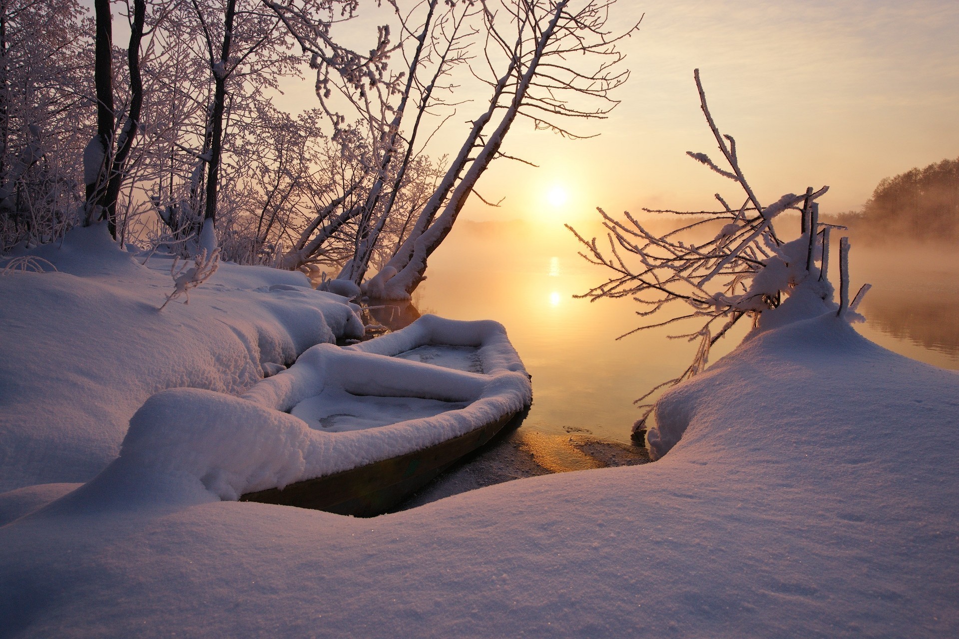 landscape, Nature, Winter, Sunset, Snow, Lake, Boat, Frost, Trees, Mist, Cold, Sunlight Wallpaper