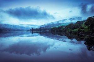 nature, Landscape, Lake, Mountains, Forest, Mist, Water, Reflection, Blue, Sunset, Wales