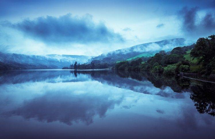 nature, Landscape, Lake, Mountains, Forest, Mist, Water, Reflection, Blue, Sunset, Wales HD Wallpaper Desktop Background