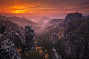 nature, Landscape, Sunset, Mountains, Forest, Fall, Mist, Sky, Clouds, Rock, Trees, Germany