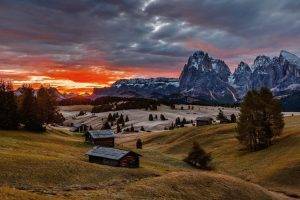 nature, Landscape, Colorful, Sunrise, Hut, Mountains, Trees, Snowy Peak, Clouds, Sky, Italy