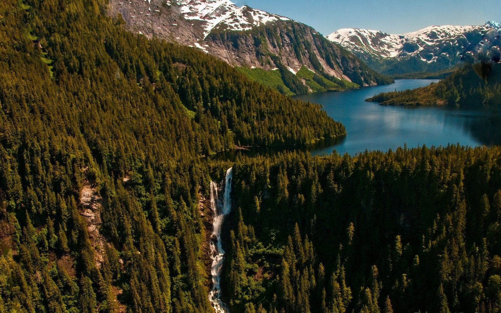 nature, Landscape, Forest, Mountains, Lake, Waterfall, Snowy Peak, Trees, Summer, Alaska Wallpaper