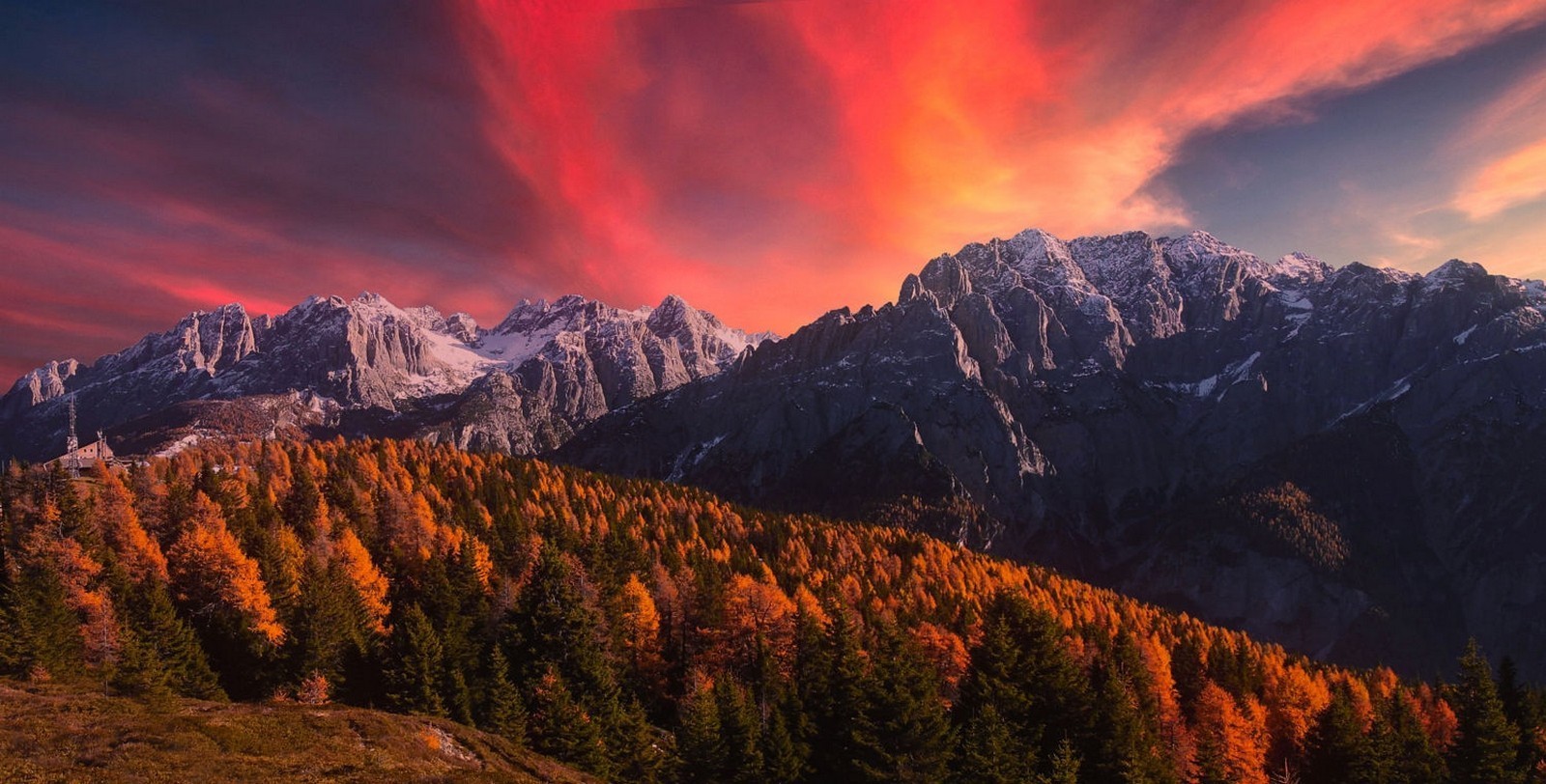 nature, Landscape, Alps, Mountains, Snowy Peak, Sunset, Fall, Forest, Clouds, Sky, Trees Wallpaper