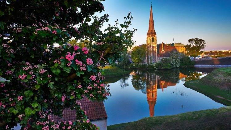 architecture, House, Nature, Trees, Branch, Copenhagen, Denmark, Church, Tower, Water, Reflection, Flowers, Leaves, Clear Sky HD Wallpaper Desktop Background