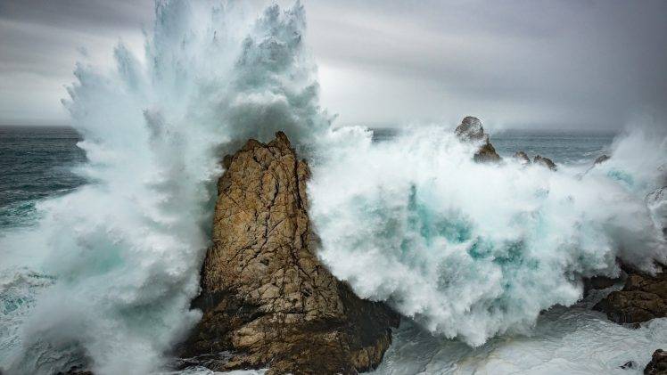 water, Nature, Landscape, Sea, Waves, Rock, Clouds, Splashes HD Wallpaper Desktop Background