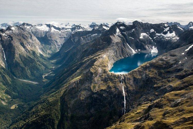 lake, Waterfall, River, Mountains, Snow, Landscape HD Wallpaper Desktop Background
