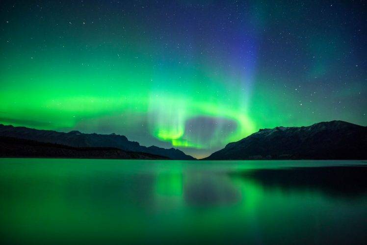 landscape, Nebula, Reflection, Mountains, Night, Lake, Alberta, Canada HD Wallpaper Desktop Background