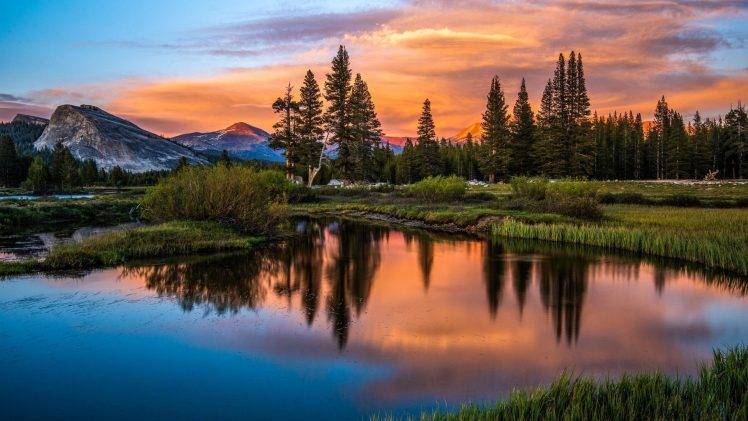 landscape, Sunset, Lake, Trees, Mountains HD Wallpaper Desktop Background