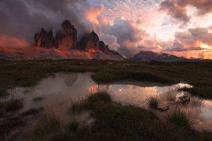 nature, Landscape, Mountains, Sunset, Clouds, Sunlight, Pond, Grass, Sky, Italy
