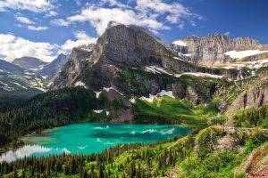 nature, Landscape, Lake, Turquoise, Water, Mountains, Forest, Glacier National Park, Trees, Snow, Montana
