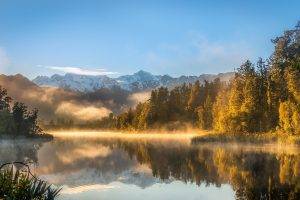 nature, Landscape, Lake, Sunrise, Mountains, Snowy Peak, Mist, Water, Reflection, Sunlight, Trees, New Zealand