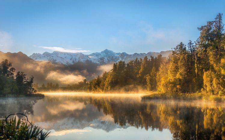 nature, Landscape, Lake, Sunrise, Mountains, Snowy Peak, Mist, Water, Reflection, Sunlight, Trees, New Zealand HD Wallpaper Desktop Background