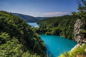 nature, Landscape, River, Turquoise, Water, Hills, Forest, Shrubs