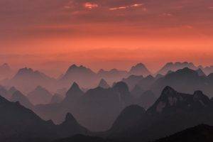 nature, Landscape, Sunrise, Mountains, Mist, Pink, Sky, Guilin, National Park, China
