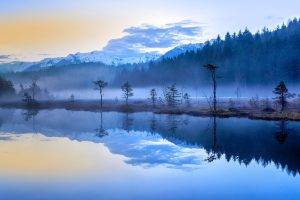 nature, Landscape, Mist, Lake, Sunrise, Forest, Mountains, Snowy Peak, Blue, Water, Reflection, Italy