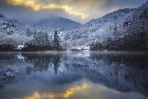 nature, Landscape, Hills, Snow, Winter, Lake, Clouds, Sunset, Water, Reflection, Trees