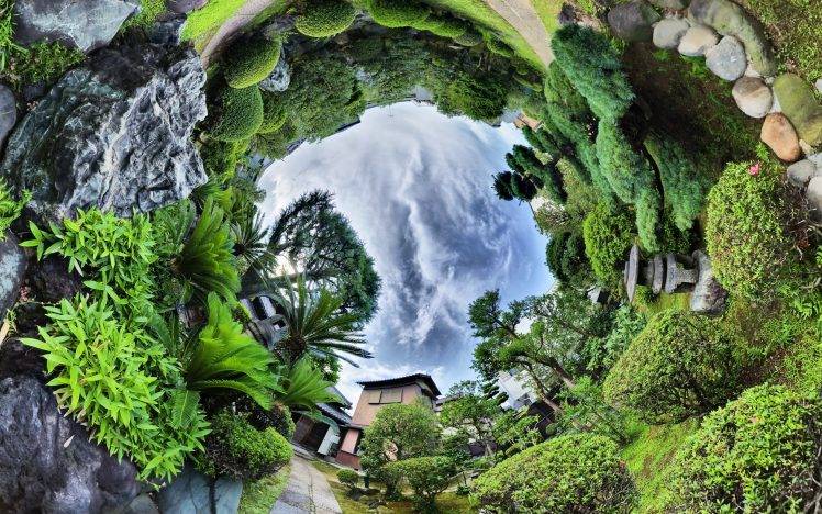 nature, Landscape, Trees, Clouds, Panoramic Sphere, Fisheye Lens, Garden, Plants, House, Stones, Palm Trees, Rock, HDR HD Wallpaper Desktop Background