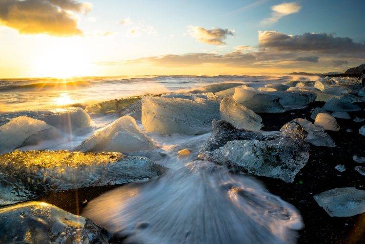 nature, Sunlight, Long Exposure, Ice, Beach, Sea, Sunrise HD Wallpaper Desktop Background