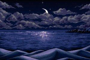 digital Art, Pixel Art, Pixels, Moon, Horizon, Blue, Reflection, Nature, Sea, Clouds, Hills, Mountains, Night, Stars, Landscape