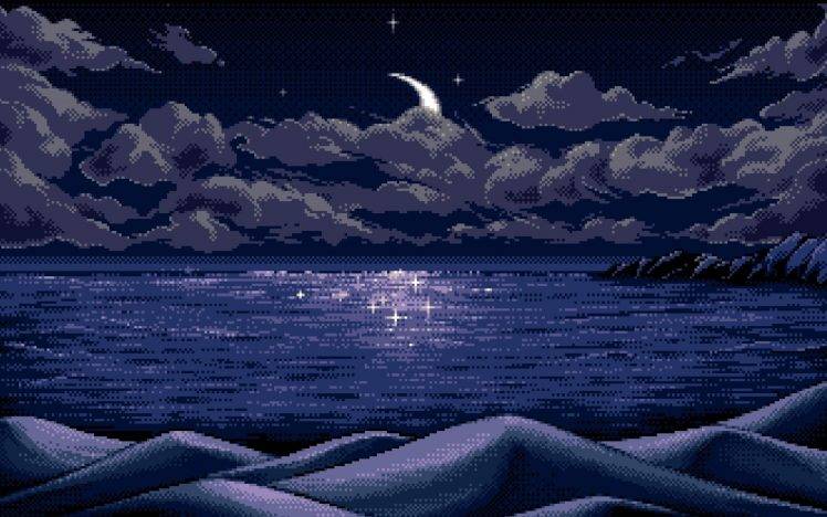 digital Art, Pixel Art, Pixels, Moon, Horizon, Blue, Reflection, Nature, Sea, Clouds, Hills, Mountains, Night, Stars, Landscape HD Wallpaper Desktop Background