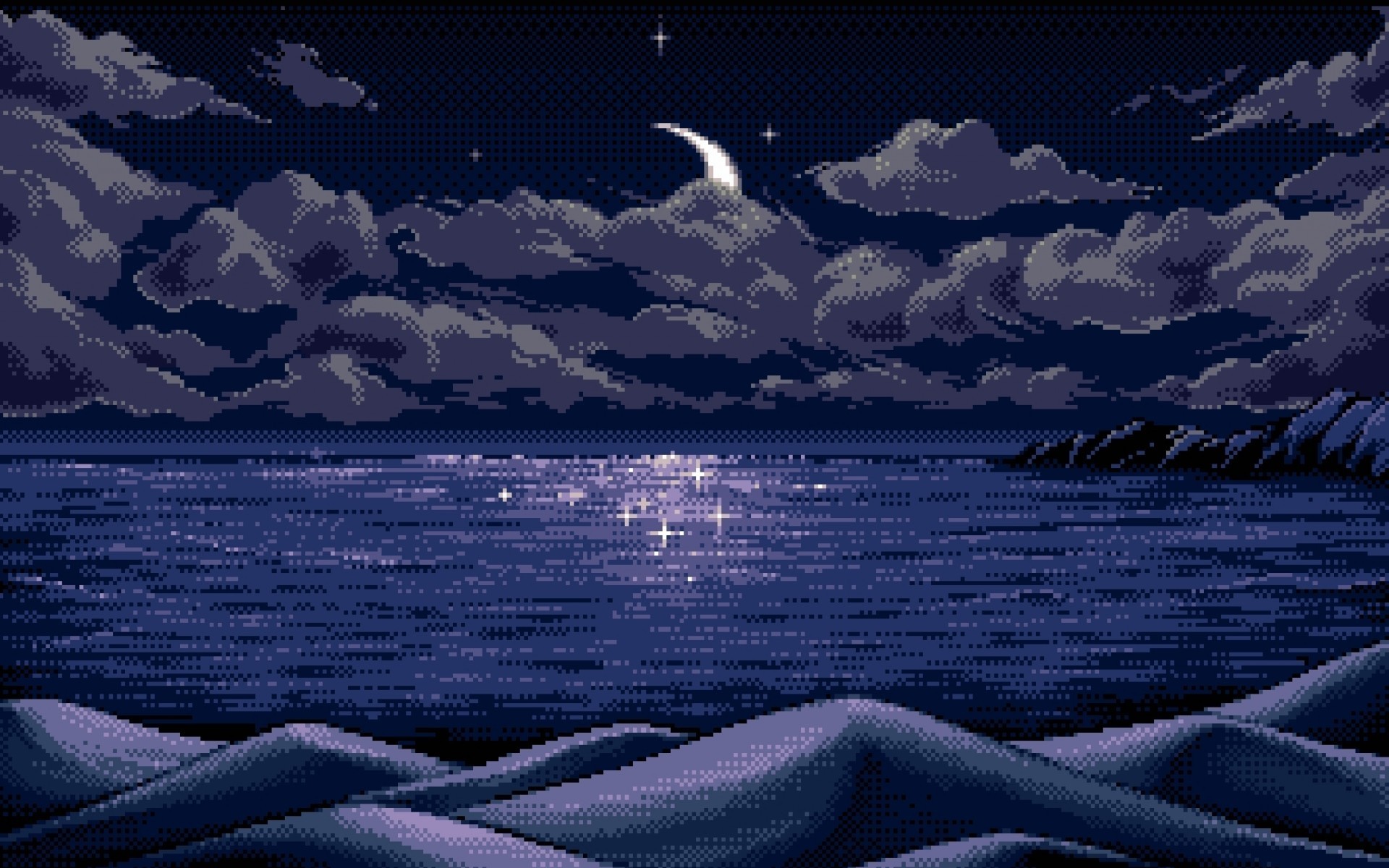 Digital Art Pixel Art Pixels Moon Horizon Blue Reflection Nature Sea Clouds Hills