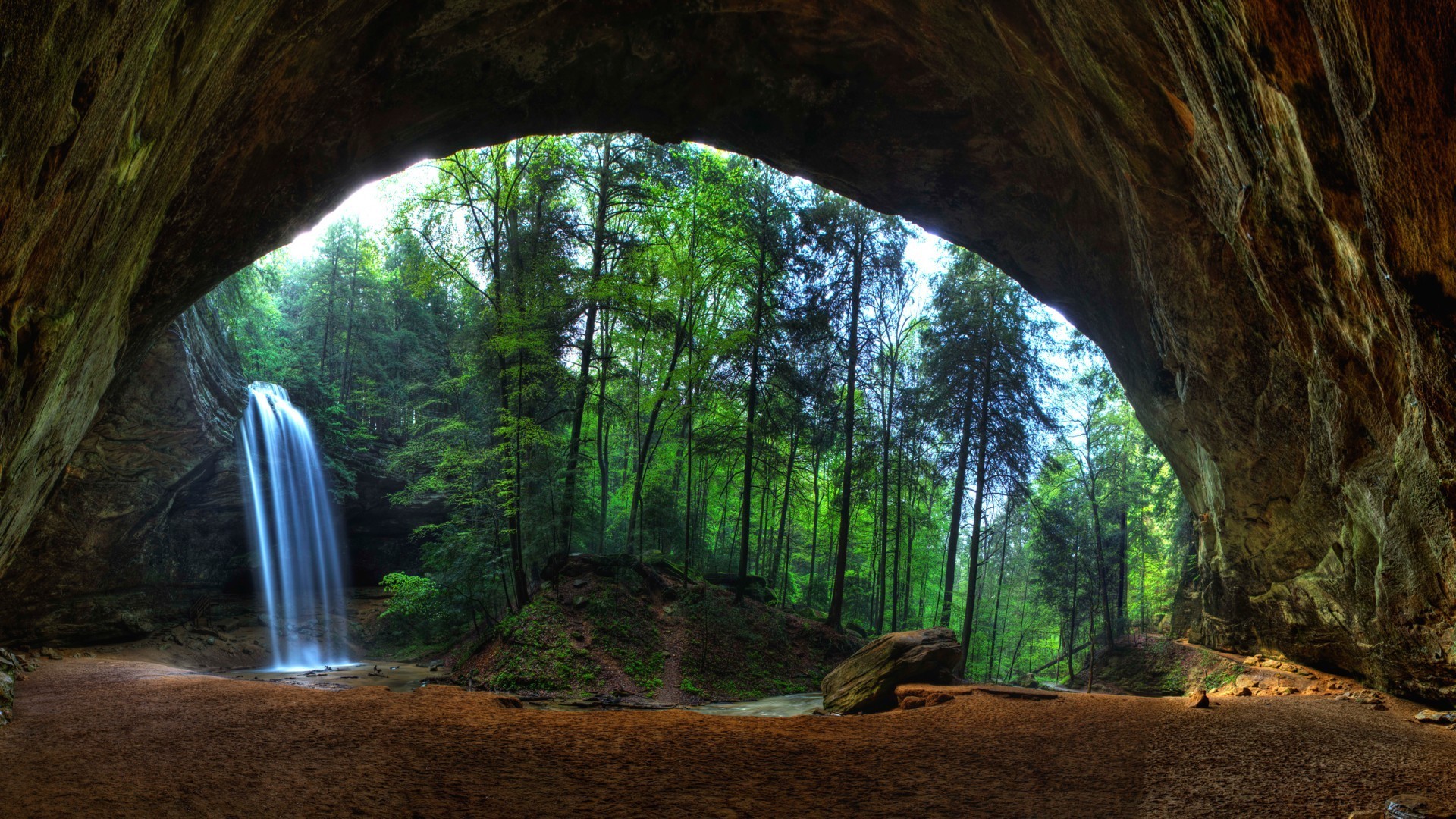 nature, Landscape, Trees, Forest, Waterfall, Cave, Long Exposure, Sand, Rock, Stream, Stones Wallpaper