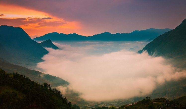 photography, Landscape, Nature, Mist, Valley, Sunrise, Mountains, Trees, Pink, Sky HD Wallpaper Desktop Background