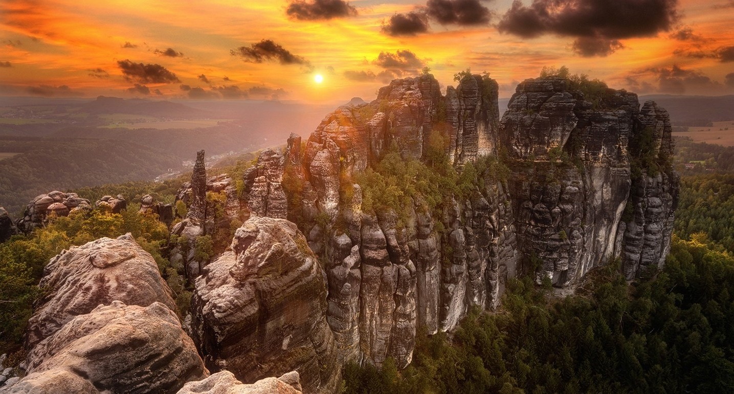 photography, Landscape, Nature, Sunrise, Forest, Sky, Rock, Cliff, Yellow, Germany Wallpaper