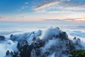 photography, Landscape, Nature, Sunrise, Mountains, Mist, Clouds, Sky, Trees, China