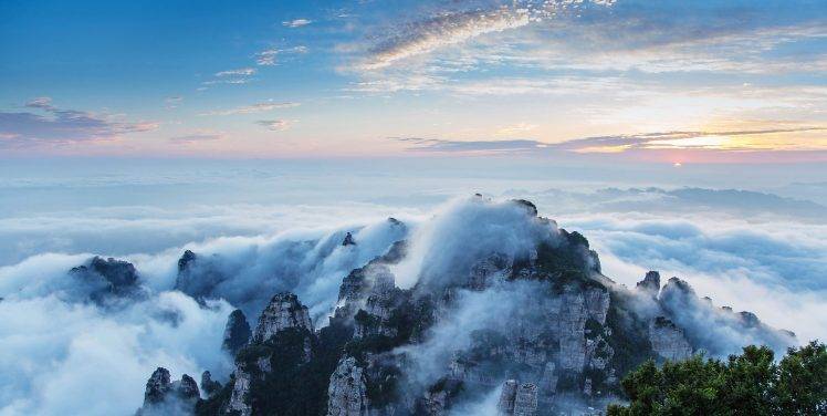 photography, Landscape, Nature, Sunrise, Mountains, Mist, Clouds, Sky, Trees, China HD Wallpaper Desktop Background