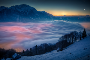 landscape, Sunrise, Mist, Snow, Mountains, Trees