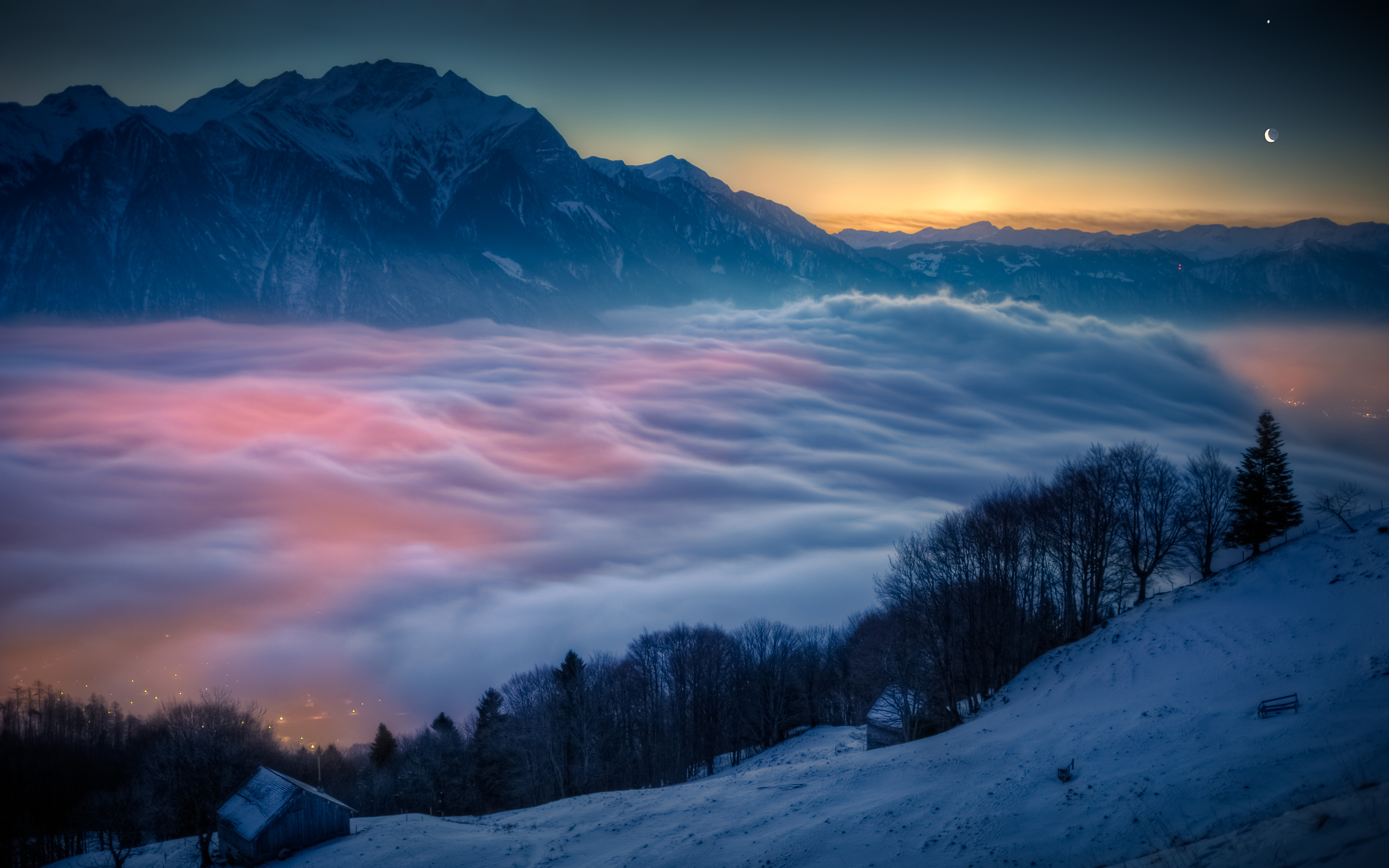 landscape, Sunrise, Mist, Snow, Mountains, Trees Wallpaper