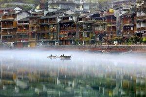 photography, Landscape, Phoenix Ancient Town, River, Mist, House, Water, Birds, Reflection, Nature, China