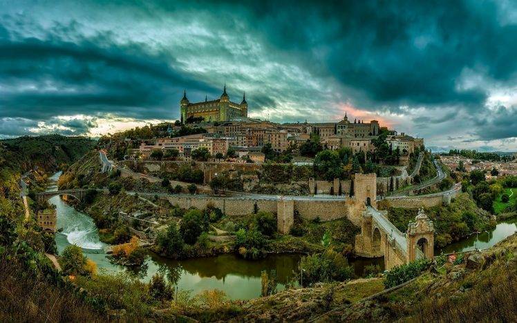 photography, Landscape, Toledo, City, River, Bridge, Building, Architecture, Hills, Sunset, Clouds, Spain HD Wallpaper Desktop Background