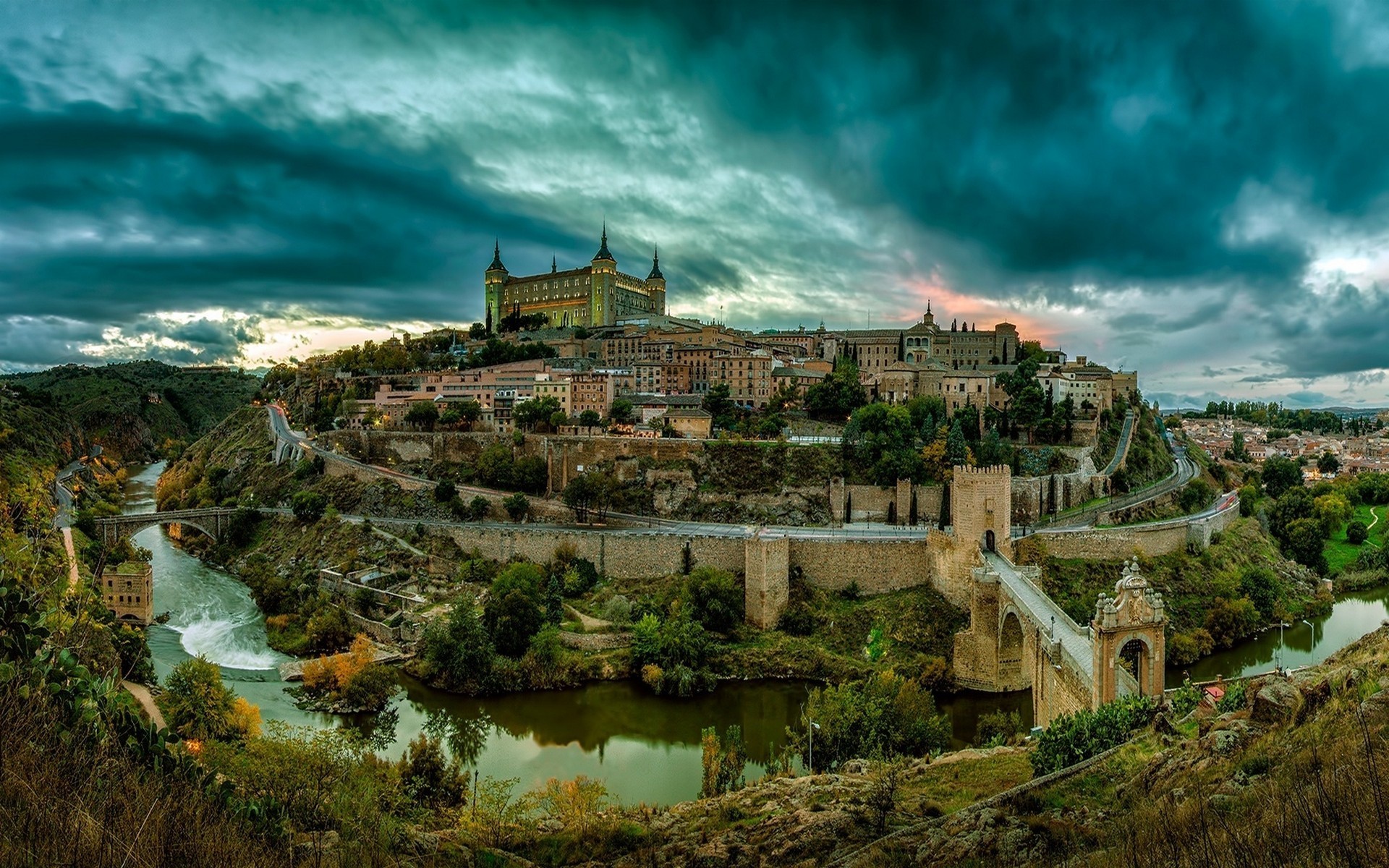 photography, Landscape, Toledo, City, River, Bridge, Building, Architecture, Hills, Sunset, Clouds, Spain Wallpaper