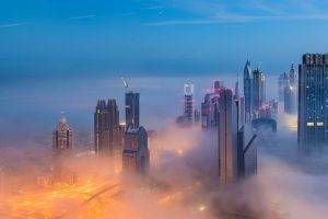 photography, Landscape, Dubai, Mist, Skyscraper, Architecture, Evening, Lights, Urban, Modern, United Arab Emirates