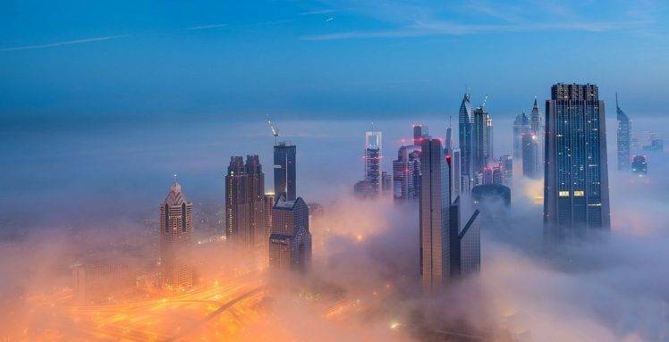 photography, Landscape, Dubai, Mist, Skyscraper, Architecture, Evening, Lights, Urban, Modern, United Arab Emirates HD Wallpaper Desktop Background