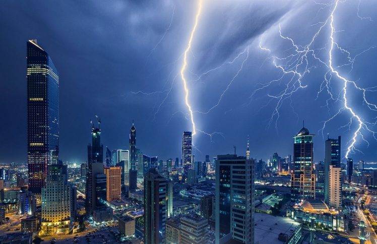 photography, Landscape, Lightning, Storm, Skyscraper, Architecture, Building, Lights, Night, Kuwait City HD Wallpaper Desktop Background