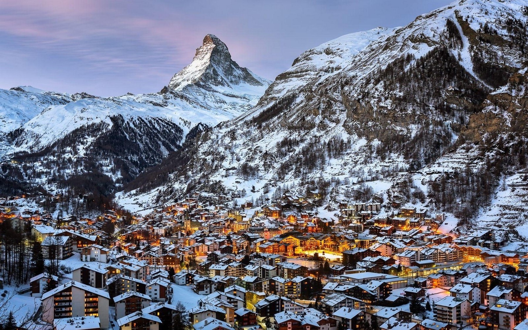 Switzerland, Mountains, Snow, Winter, Town, Matterhorn, Zermatt, Photography, Landscape, City, Lights, Architecture, Swiss Alps Wallpaper
