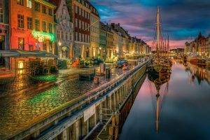 photography, Urban, Landscape, Architecture, City, Old Building, Canal, Water, Reflection, Boat, Lights, Cobblestone, Copenhagen, Denmark