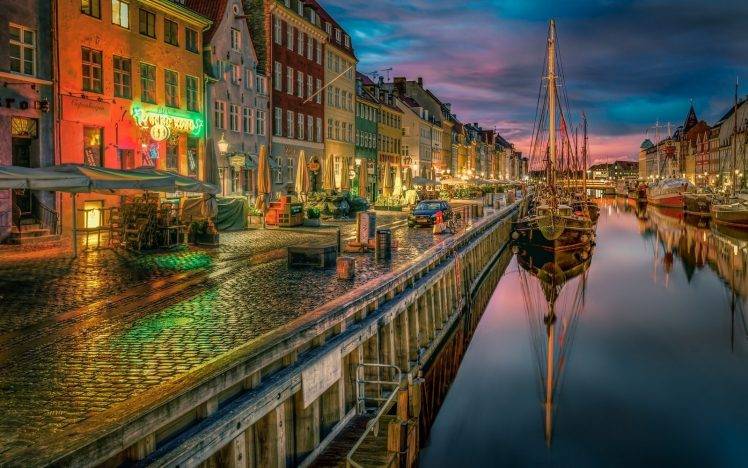 photography, Urban, Landscape, Architecture, City, Old Building, Canal, Water, Reflection, Boat, Lights, Cobblestone, Copenhagen, Denmark HD Wallpaper Desktop Background