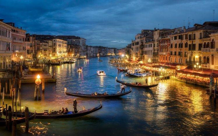 photography, Urban, Landscape, Architecture, Canal, Sea, Gondolas, Lights, Old Building, Evening, Venice, Italy HD Wallpaper Desktop Background