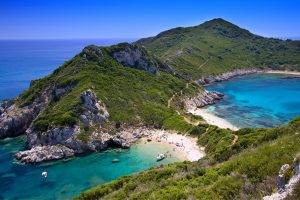 nature, Landscape, Photography, Beach, Sea, Hills, Summer, Shrubs, Boat, Blue, Sky, Sand, Island, Greece