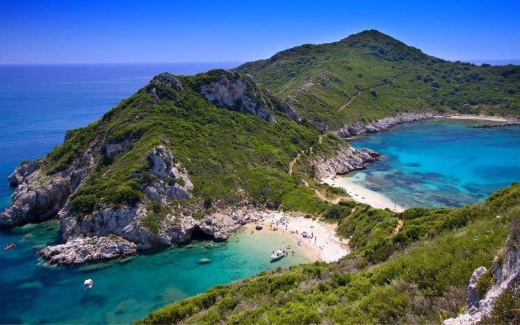nature, Landscape, Photography, Beach, Sea, Hills, Summer, Shrubs, Boat, Blue, Sky, Sand, Island, Greece HD Wallpaper Desktop Background