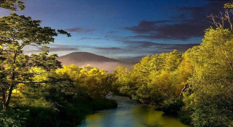 nature, Landscape, Sunset, Mist, River, Trees, Shrubs, Hills, Sunlight HD Wallpaper Desktop Background
