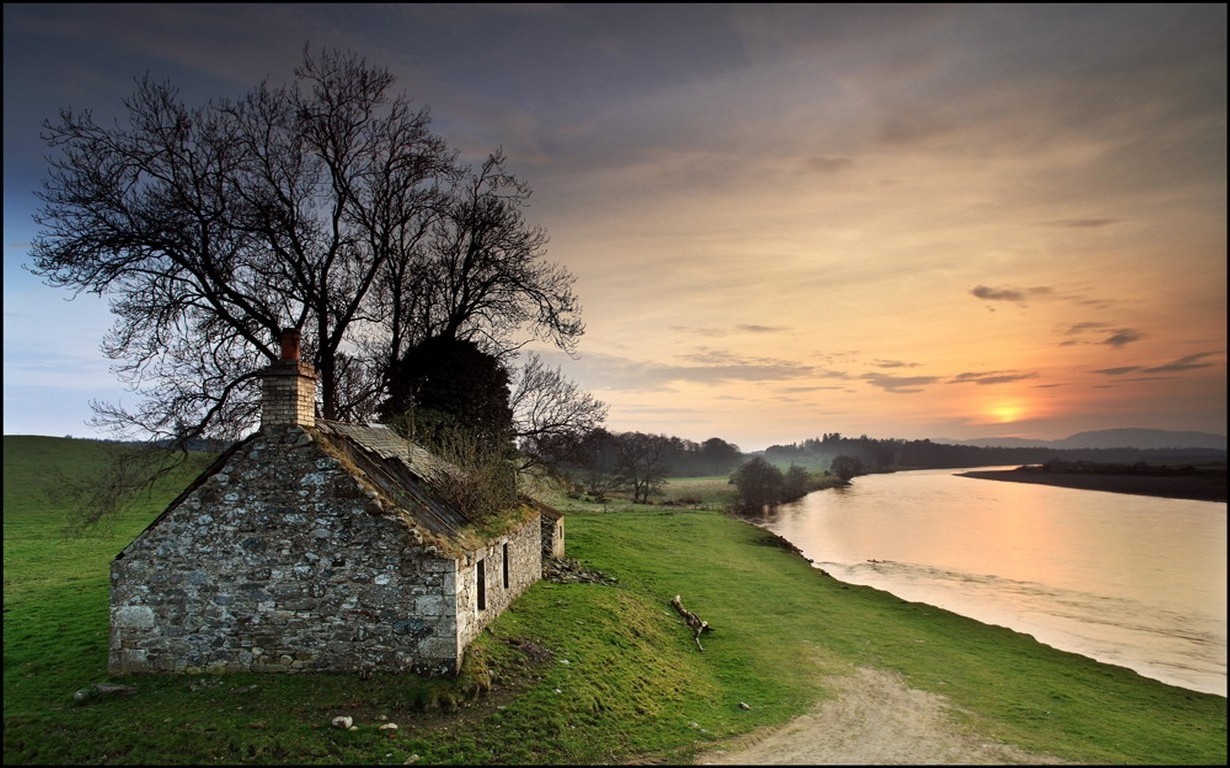 landscape, Nature, Photography, River, Sunset, Old, Abandoned, House, Trees, Grass, Sky, Sunlight, Scotland Wallpaper