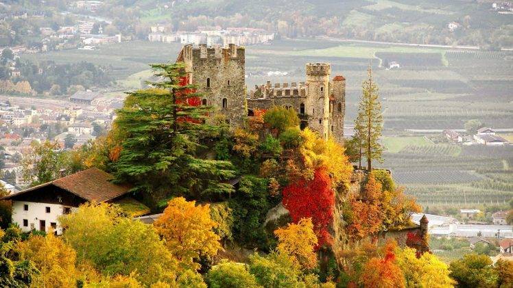 architecture, Building, Landscape, Castle, Tyrol, Italy, Ruin, Fall, Trees, House, Village, Hills, Tower, Ancient HD Wallpaper Desktop Background
